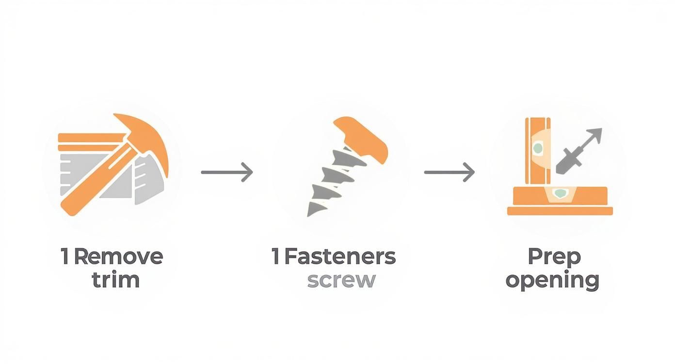 An infographic showing the process flow of removing a door in three steps: Remove Trim, Pull Fasteners, Prep Opening.