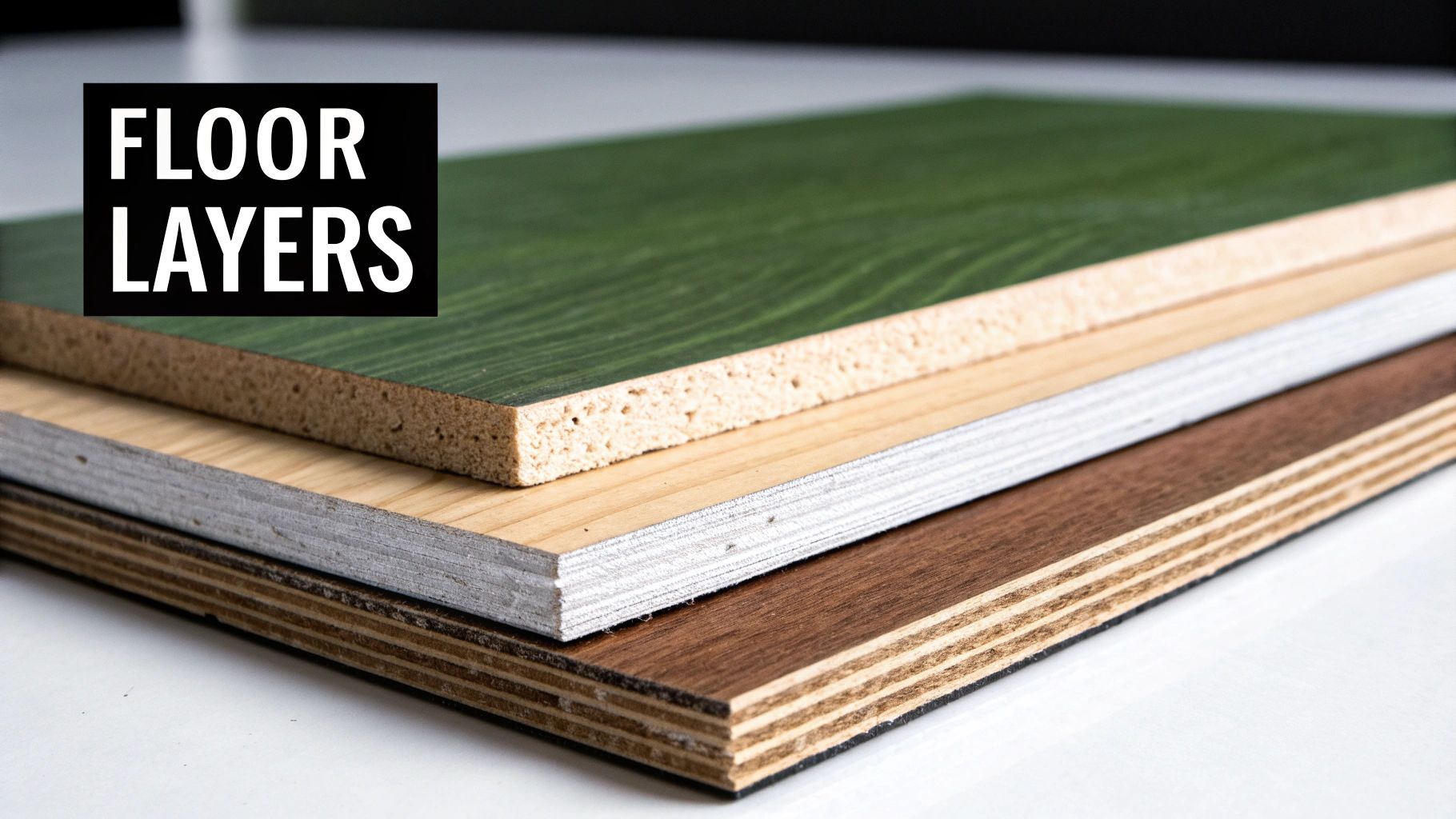 Close-up of different floor layers stacked: particle board with green laminate, engineered wood, and plywood with wood veneer.