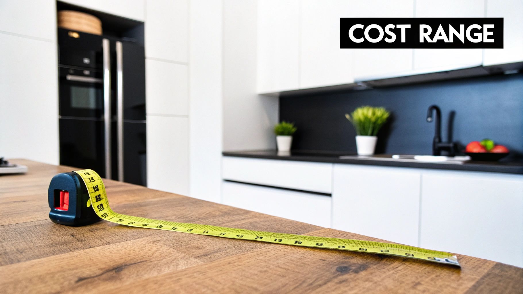 A measuring tape on a wooden kitchen island, with a modern white and black kitchen and 'COST RANGE' text.