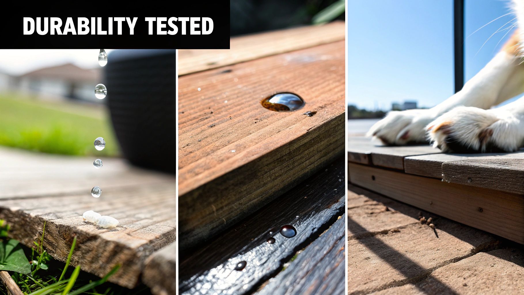 Three panels showcasing a durability tested outdoor wooden deck with water resistance and a dog.