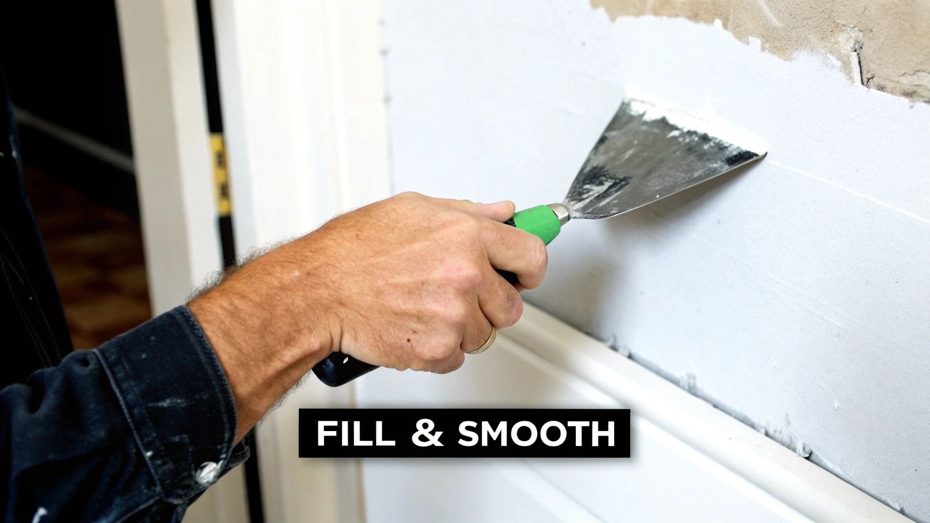 A person's hand uses a putty knife to smooth white wall filler during a repair project.
