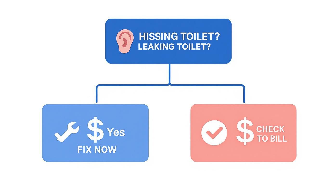Infographic decision tree for diagnosing a leaking toilet tank