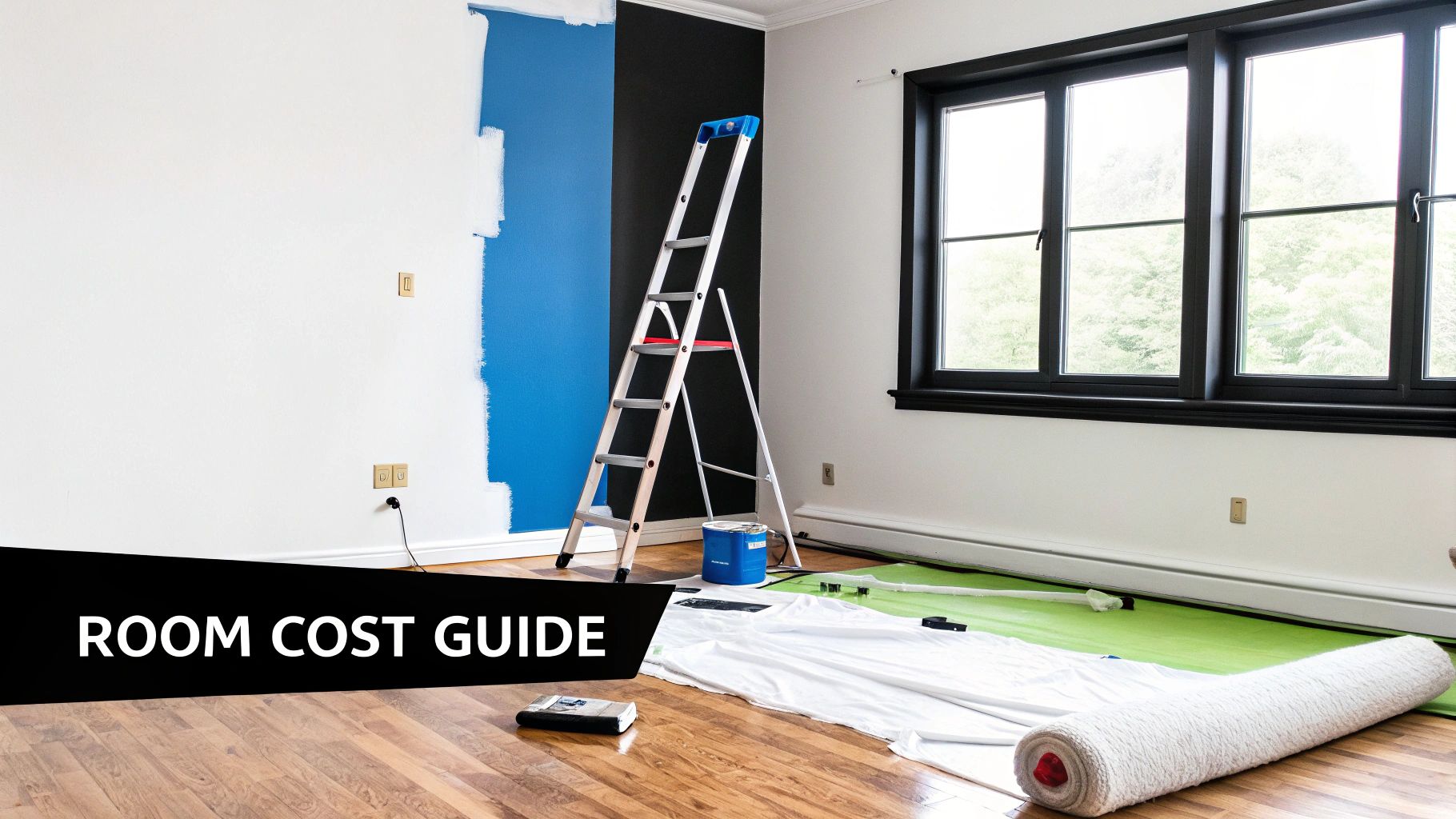 A freshly painted kitchen with two-tone cabinets in white and blue, showcasing detailed trim work.