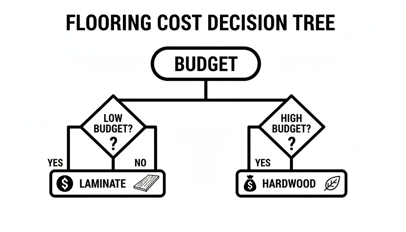 A decision tree flowchart for flooring costs, guiding choices between laminate and hardwood based on budget levels.