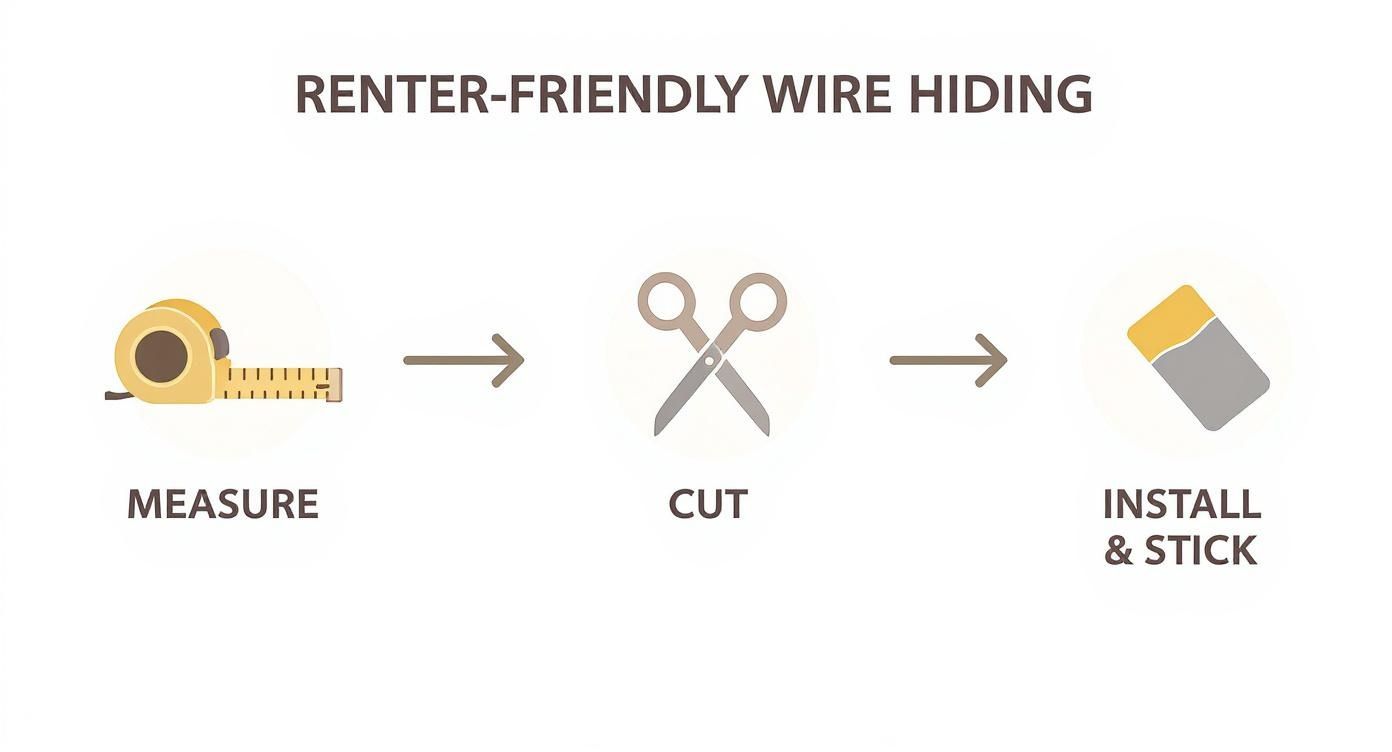 Diagram showing three steps for renter-friendly wire hiding: measure, cut, and install and stick.