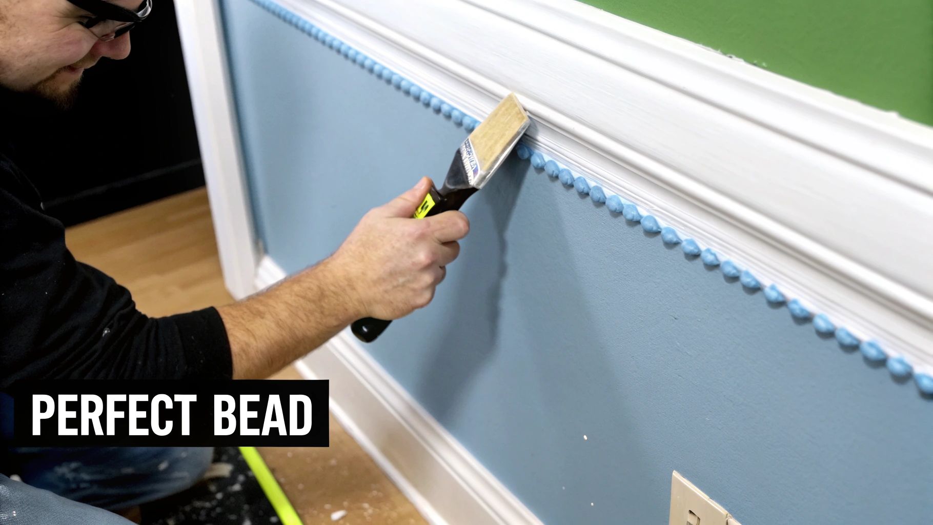 A person uses a tool to apply a perfect blue caulk bead along white trim on a light blue wall.