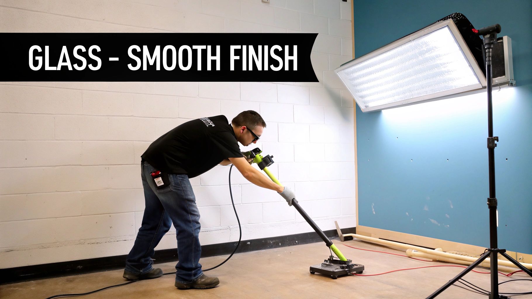 A man in safety glasses and gloves polishes a concrete floor with a powered finishing tool.