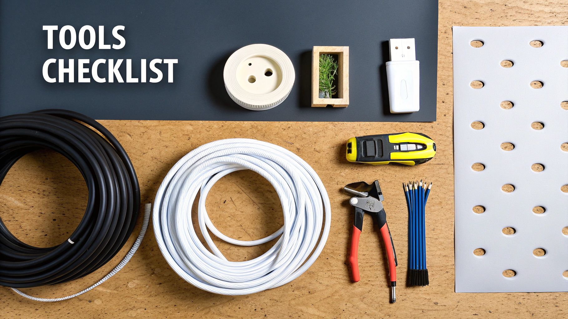 Overhead view of a 'Tools Checklist' with electrical cables, pliers, a measuring tool, and other DIY supplies.