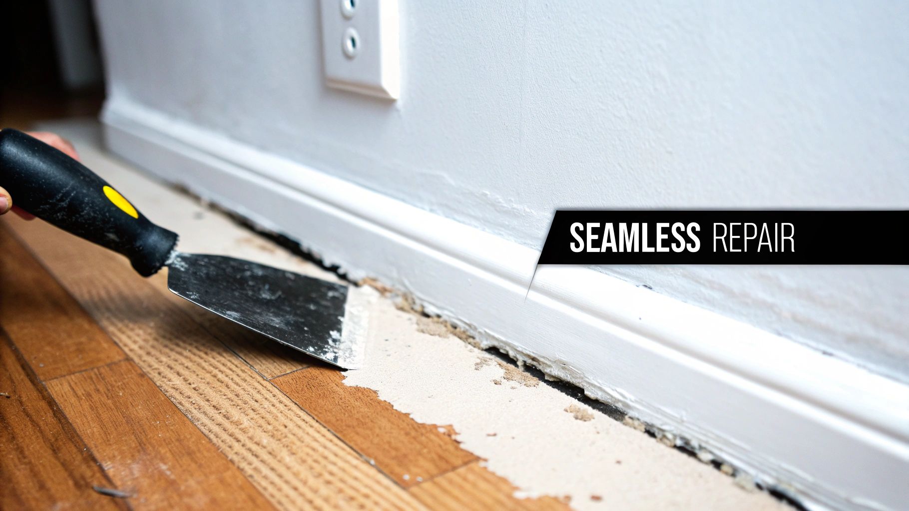 A person scrapes old caulk from between a white baseboard and a wooden floor with a putty knife.