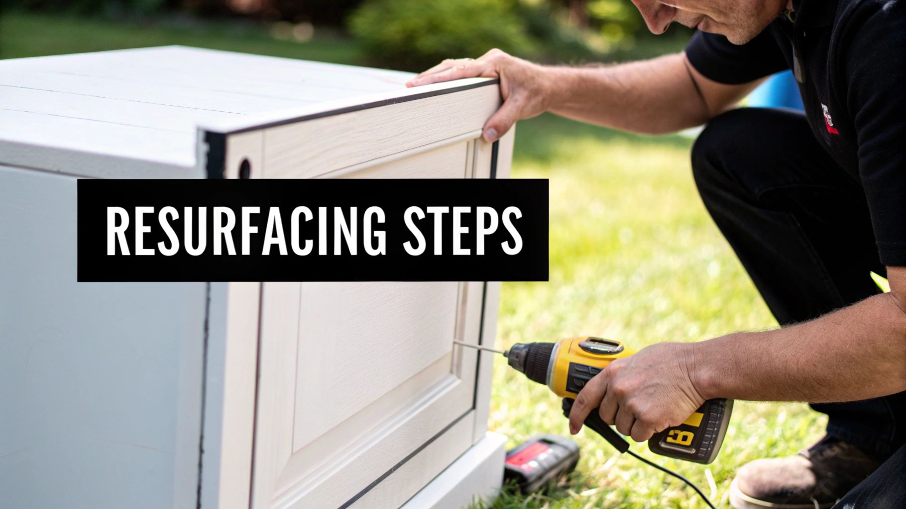 A man uses a drill to work on a white cabinet door outdoors, with "RESURFACING STEPS" overlay.