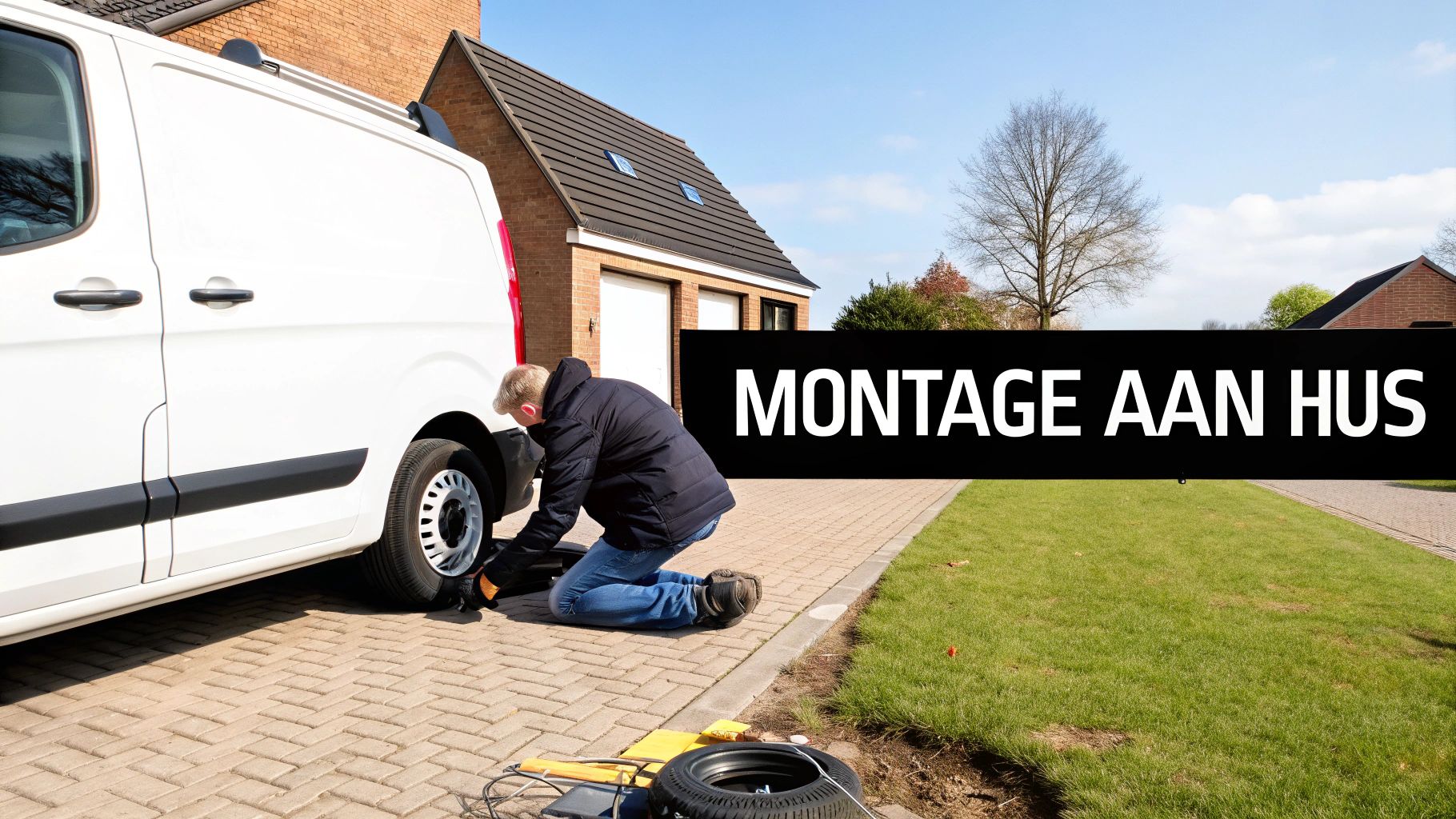 Monteur wisselt band van witte bestelwagen op oprit voor woonhuis met reserveband en gereedschap