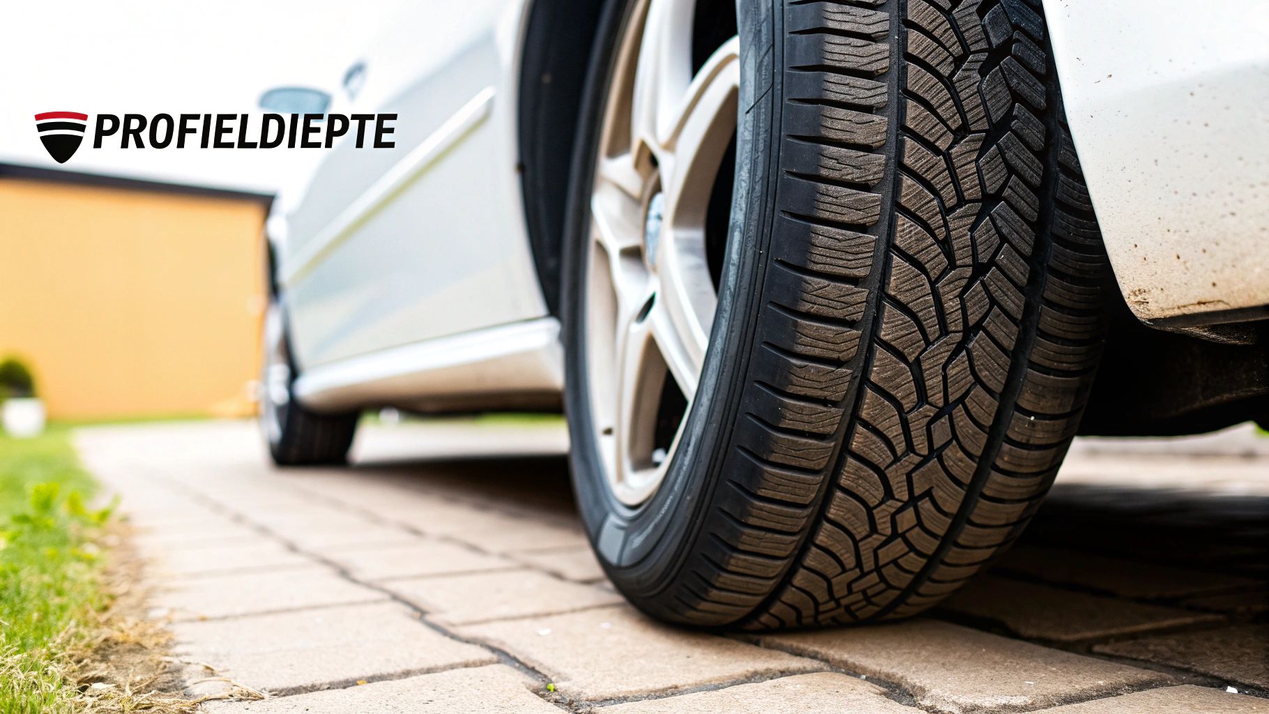 Een close-up van een autoband die de profieldiepte en het patroon benadrukt
