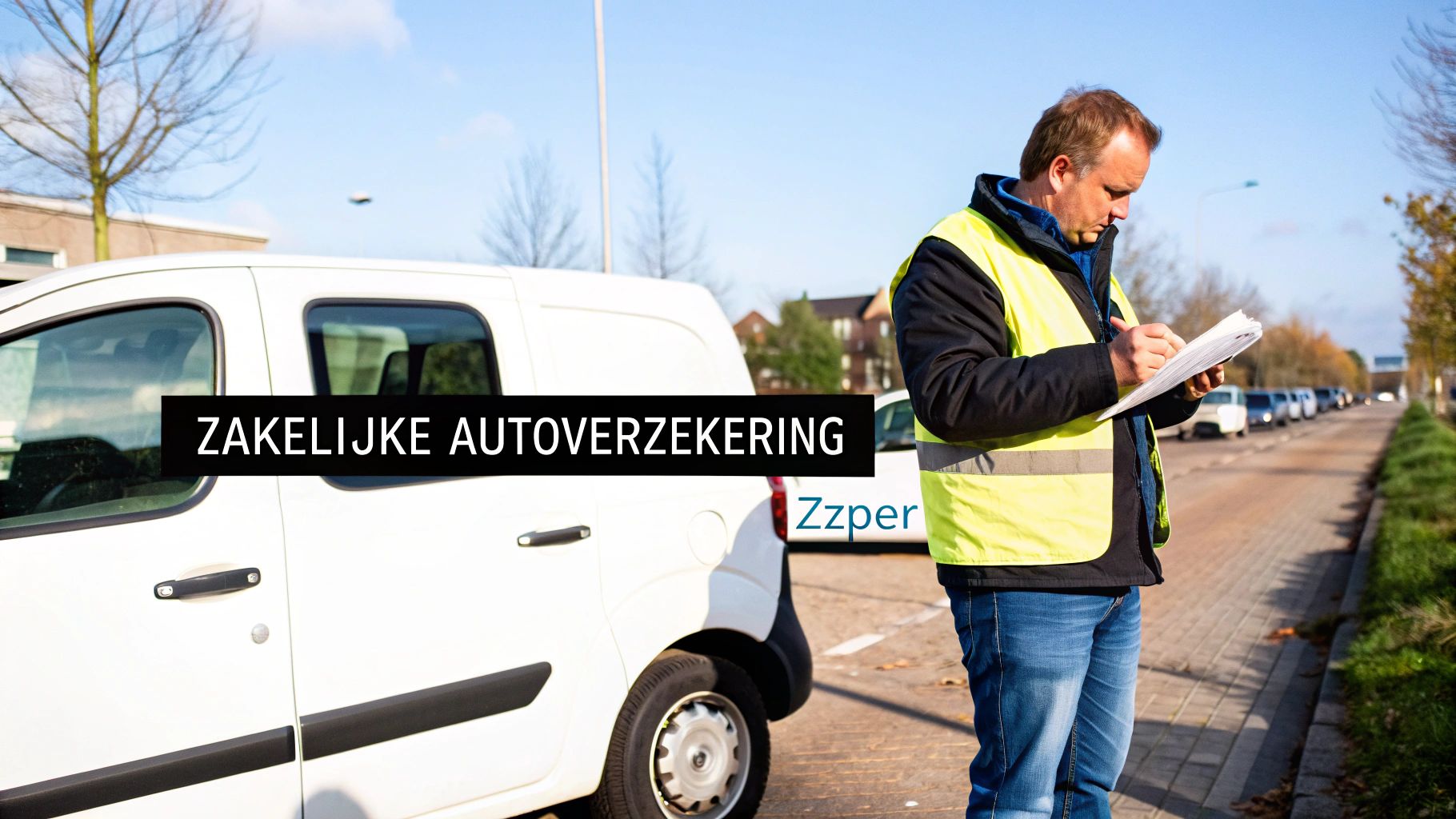Man in veiligheidsvest inspecteert documenten bij een witte bestelbus, gerelateerd aan zakelijke autoverzekering.