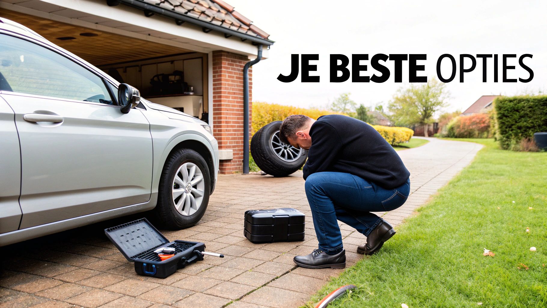 Een man hurkt bij zijn auto met een losse band en gereedschap, tekst 'JE BESTE OPTIES'.