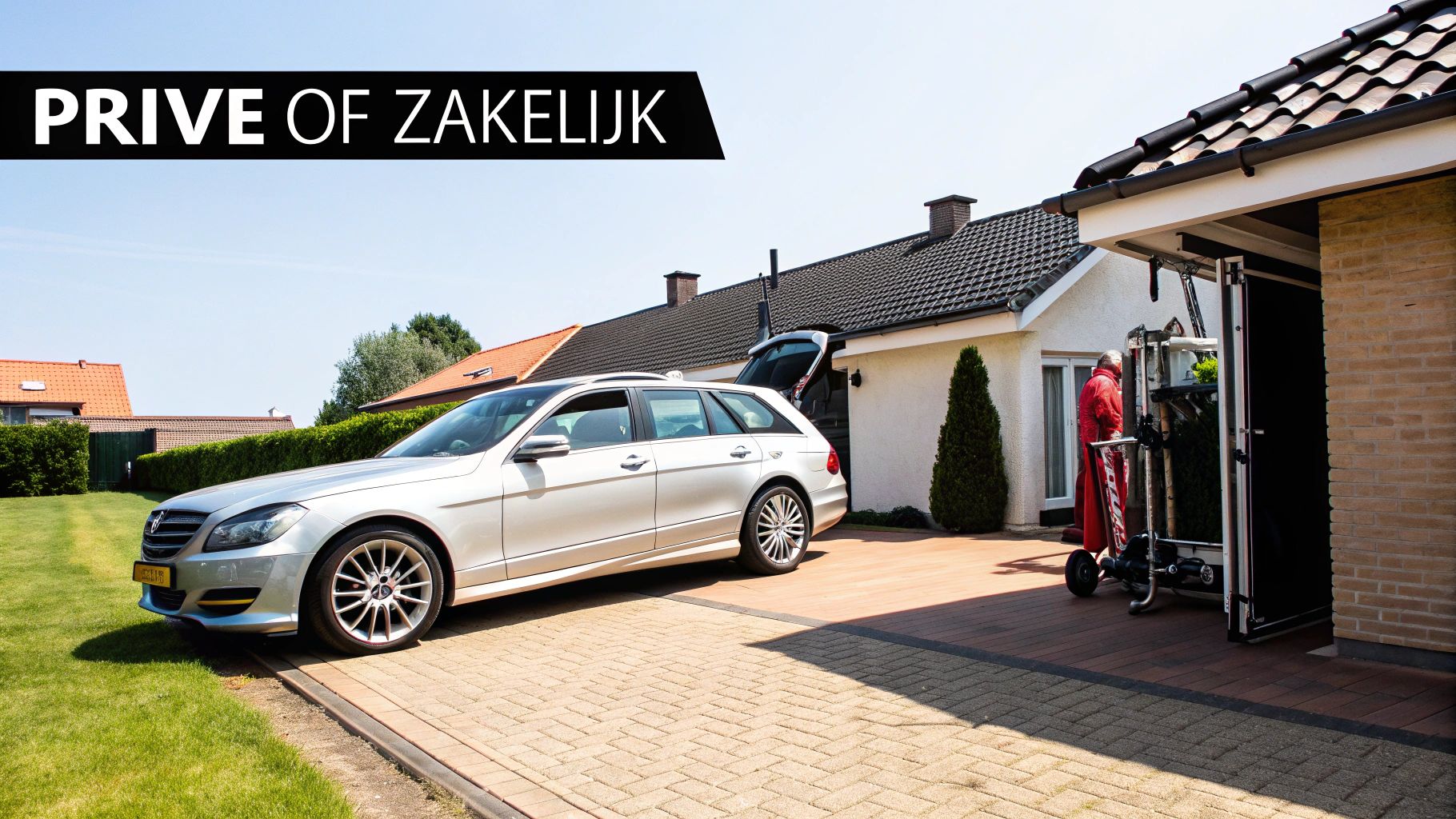 Zilveren Mercedes-Benz stationwagen op oprit voor een huis, met een persoon bij de geopende garage. Tekst: Prive of Zakelijk.