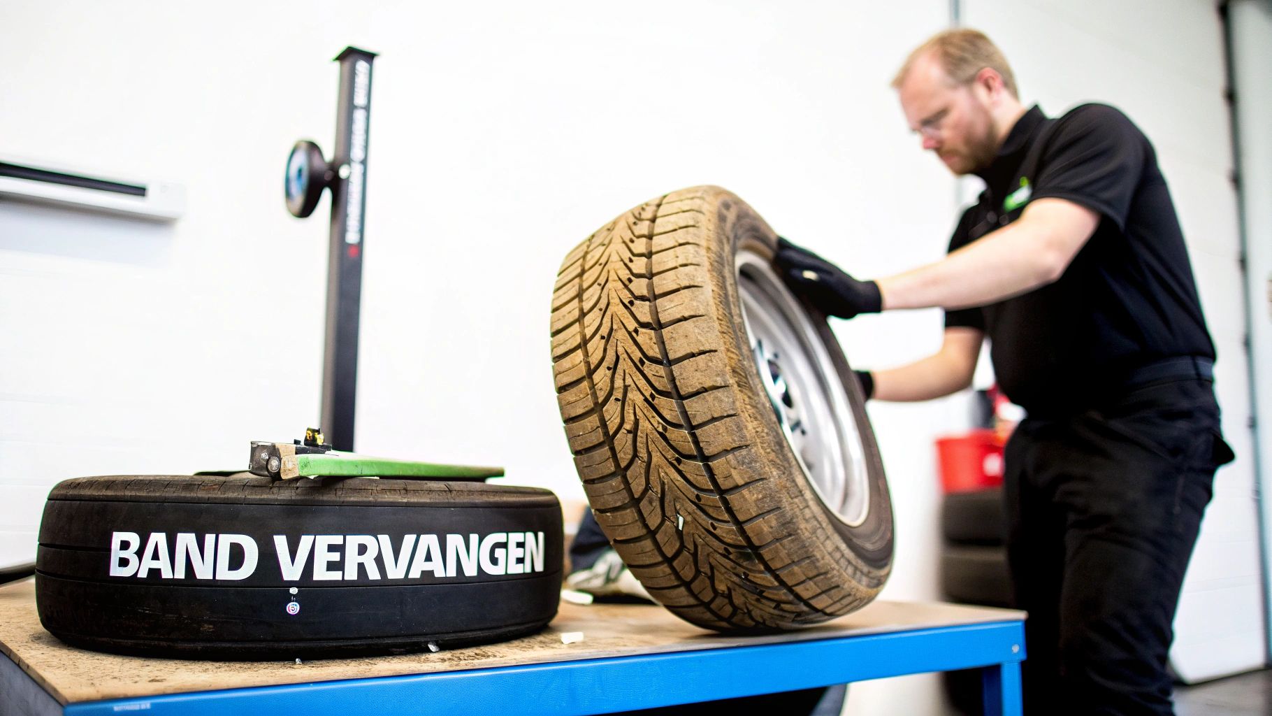 Lekke band auto repareren als een pro 4 Een close-up van een versleten autoband die aan vervanging toe is.