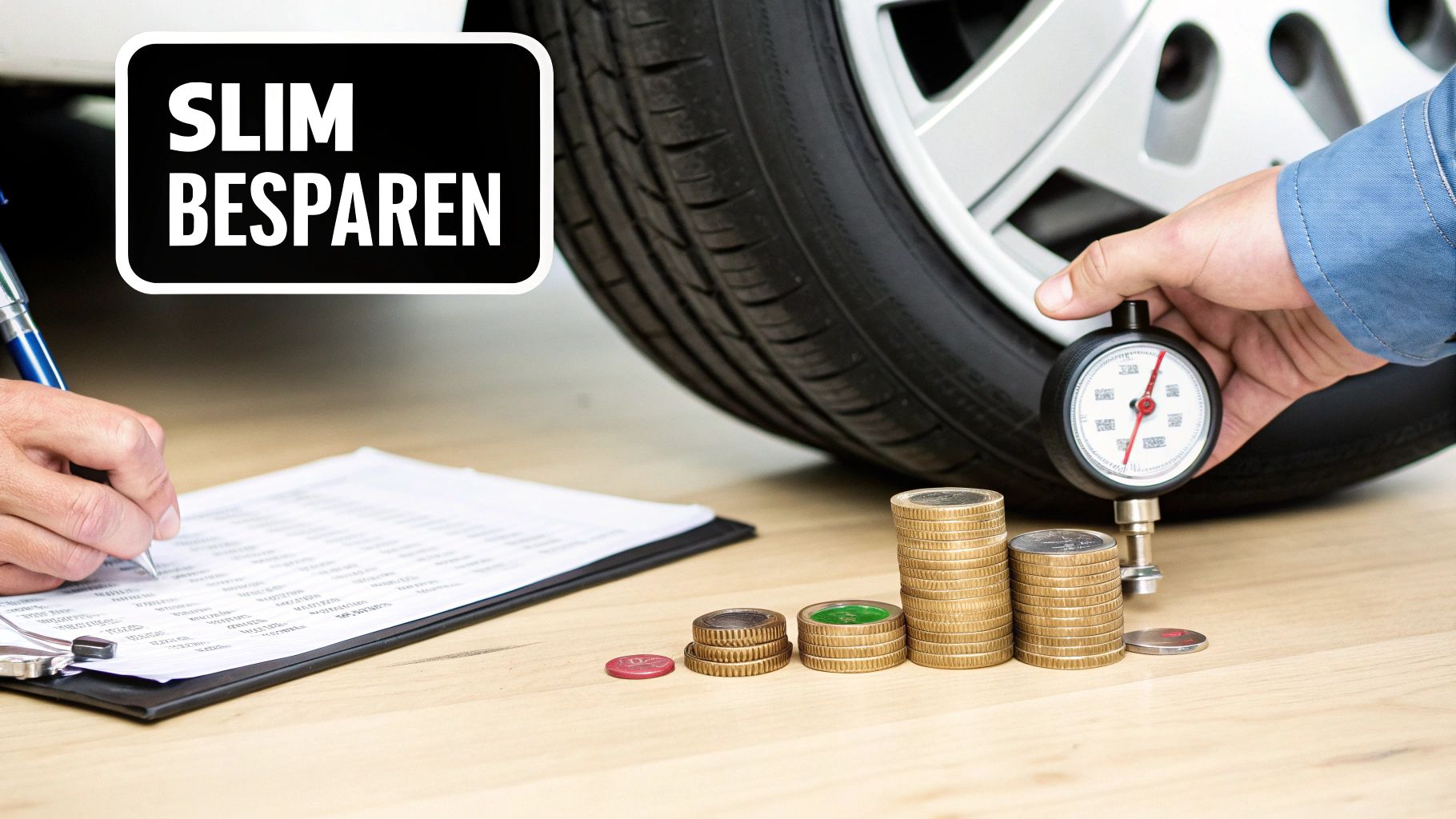 Een close-up van de profieldiepte van een autoband, met een persoon die deze controleert.