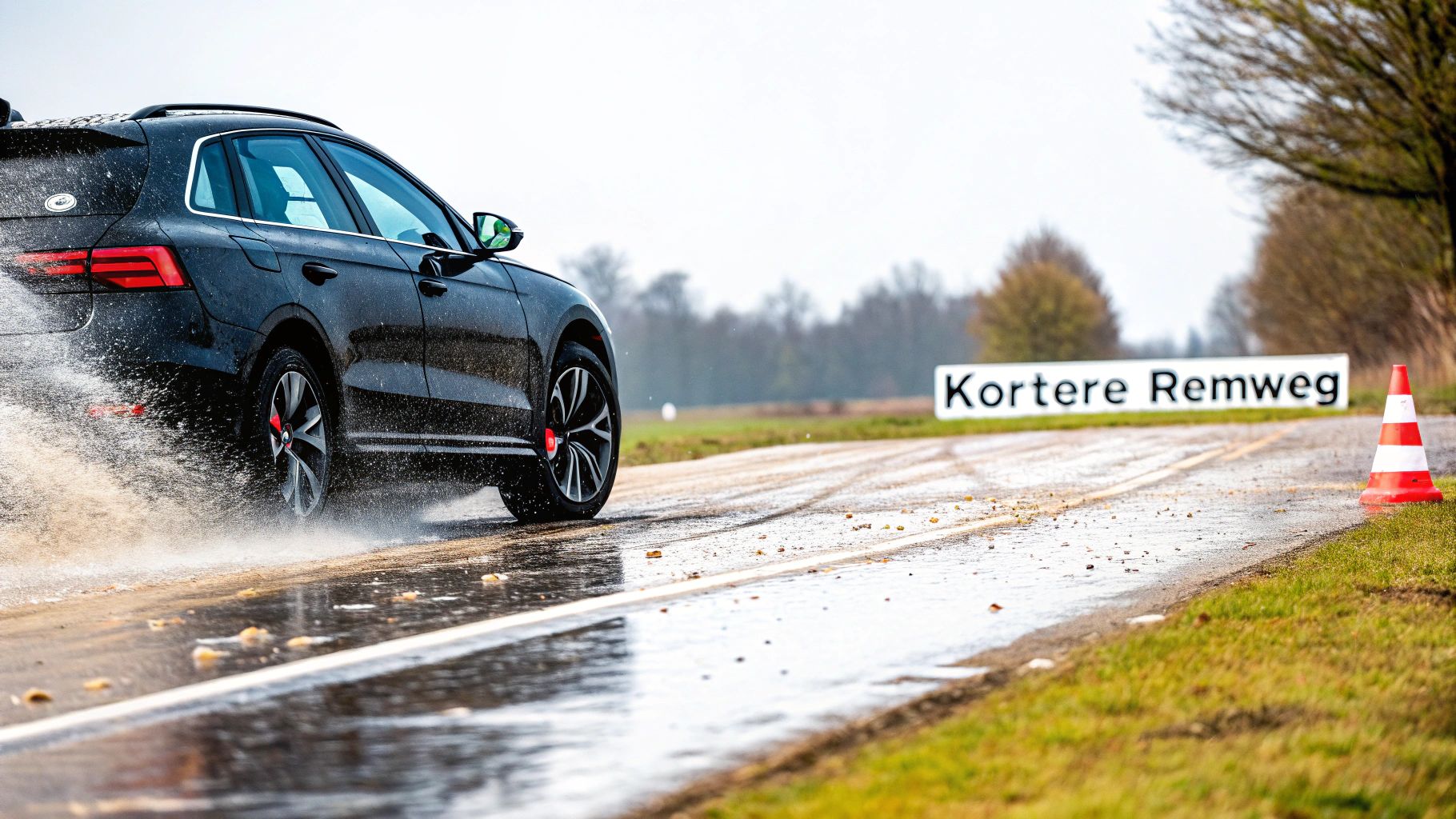 Een auto die een noodstop maakt op een nat wegdek, wat de invloed van profieldiepte op de remweg illustreert