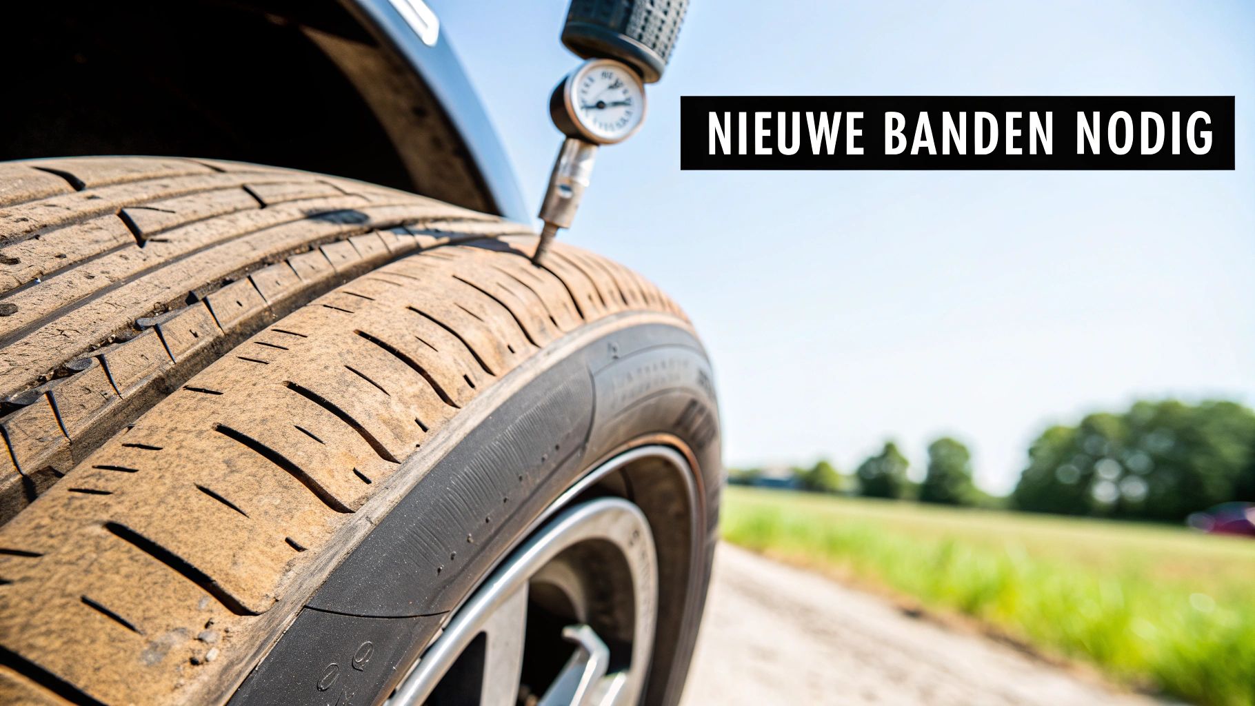 Een close-up van een autoband met een profielmeter die de slijtage aangeeft