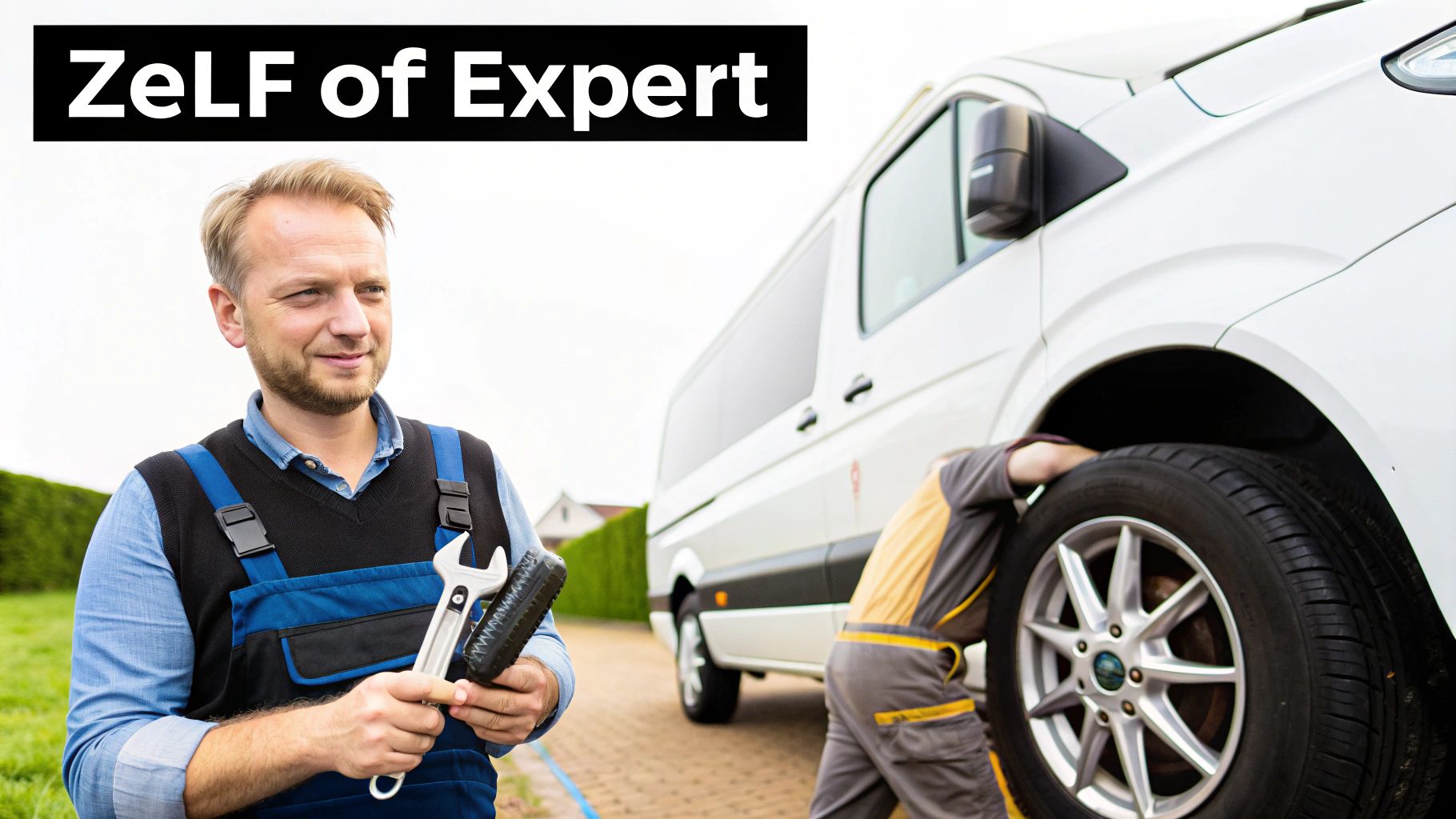 Professionele monteur met gereedschap staat bij witte bestelwagen tijdens bandenservice en TPMS onderhoud