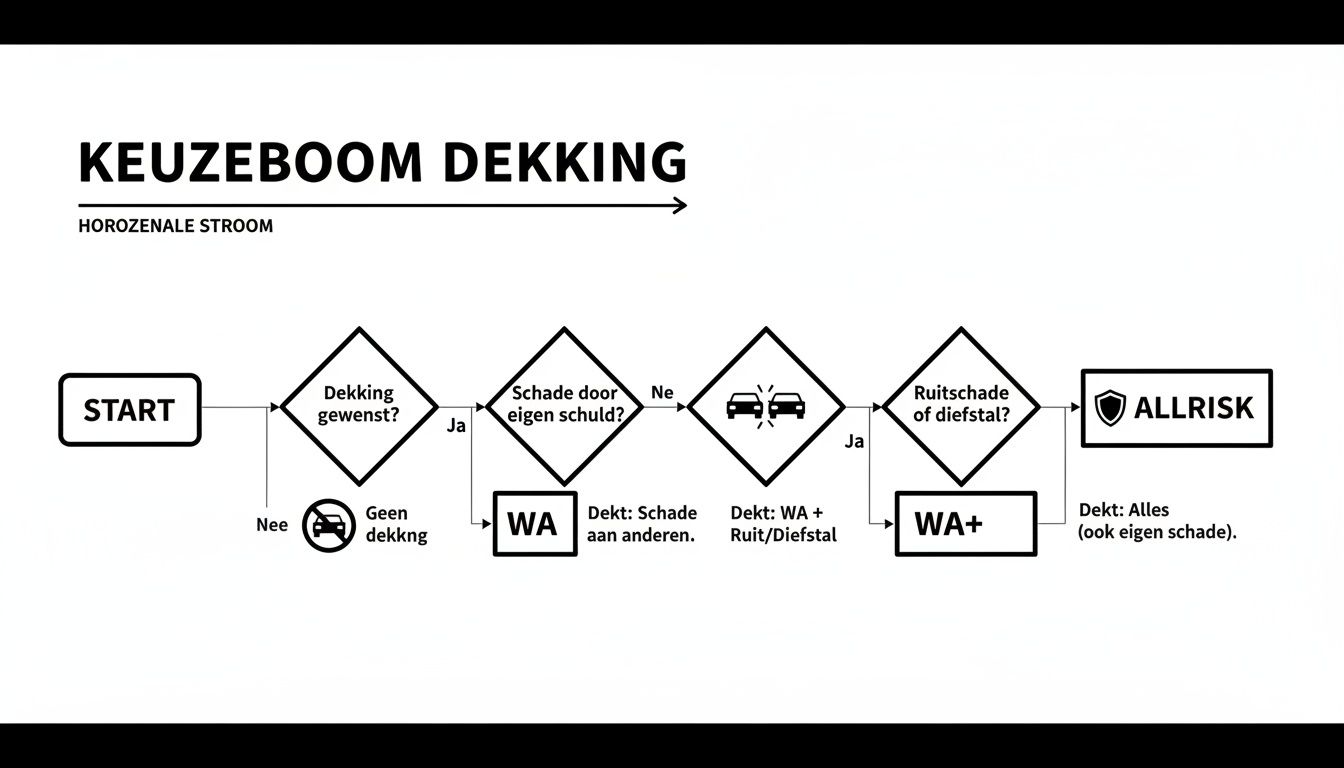 Stroomschema voor autoverzekering dekking, met opties zoals WA, WA+ en Allrisk, afhankelijk van schuld en type schade.