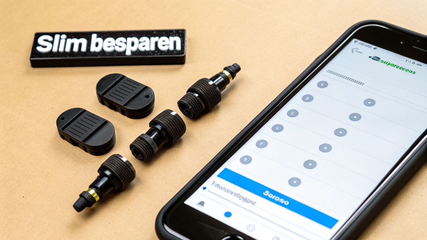 Tpms sensor vervangen kosten: wat betaal je en waarom het loont 4 Smartphone met app voor sensoren en onderdelen van een bandenspanningssensor naast een bordje 'Slim besparen'.