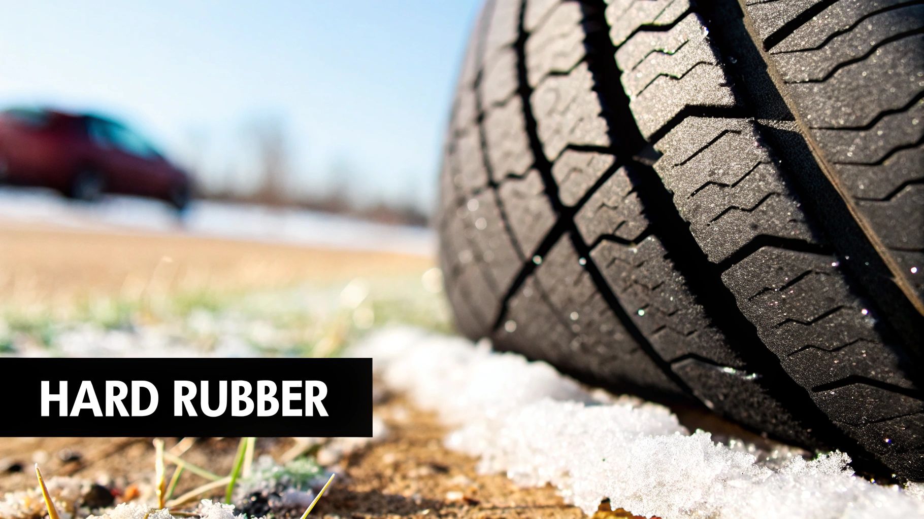 Een close-up van een zomerband die stijf en hard is geworden in de koude, met een focus op het rubber