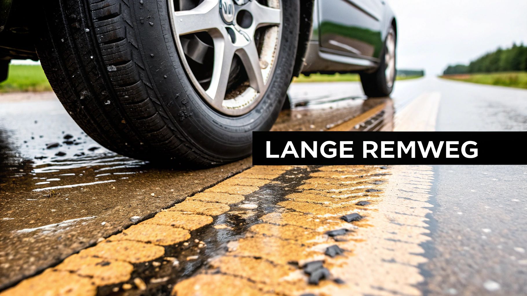 Een auto glijdt over een gladde, natte weg, wat het gebrek aan grip met zomerbanden in de winter illustreert