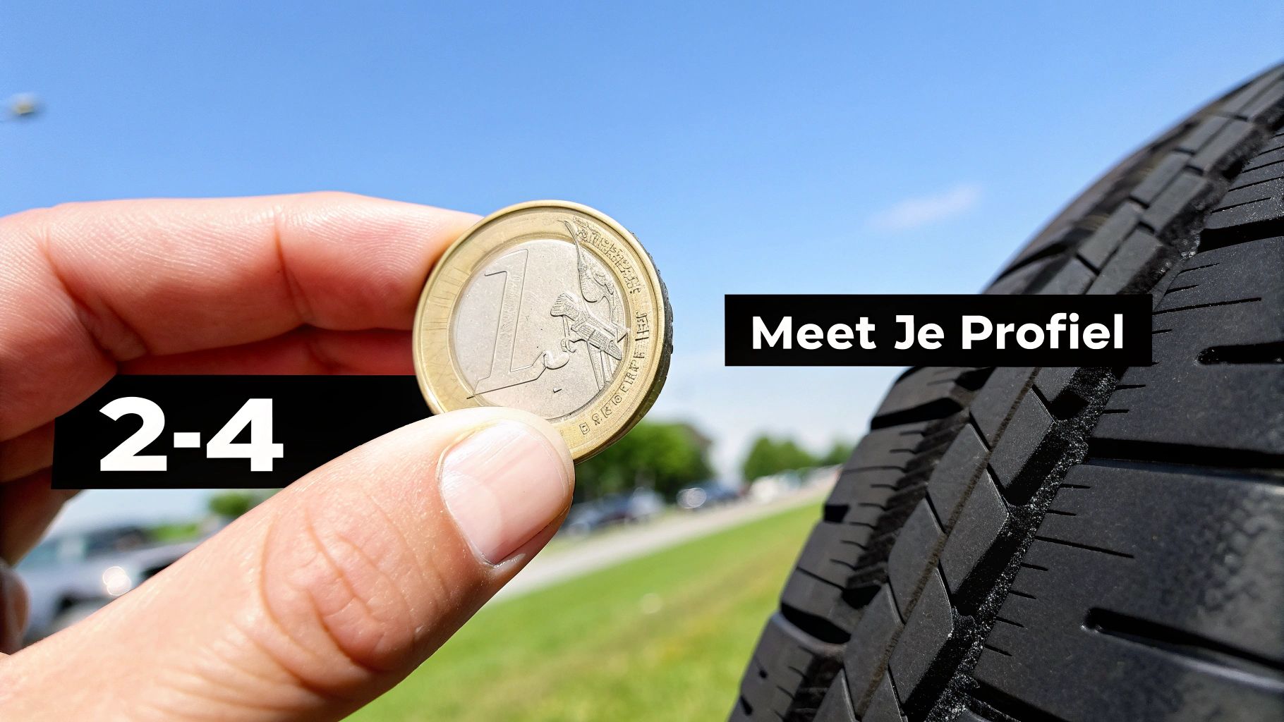 Een persoon meet de profieldiepte van een winterband met een speciale meter.