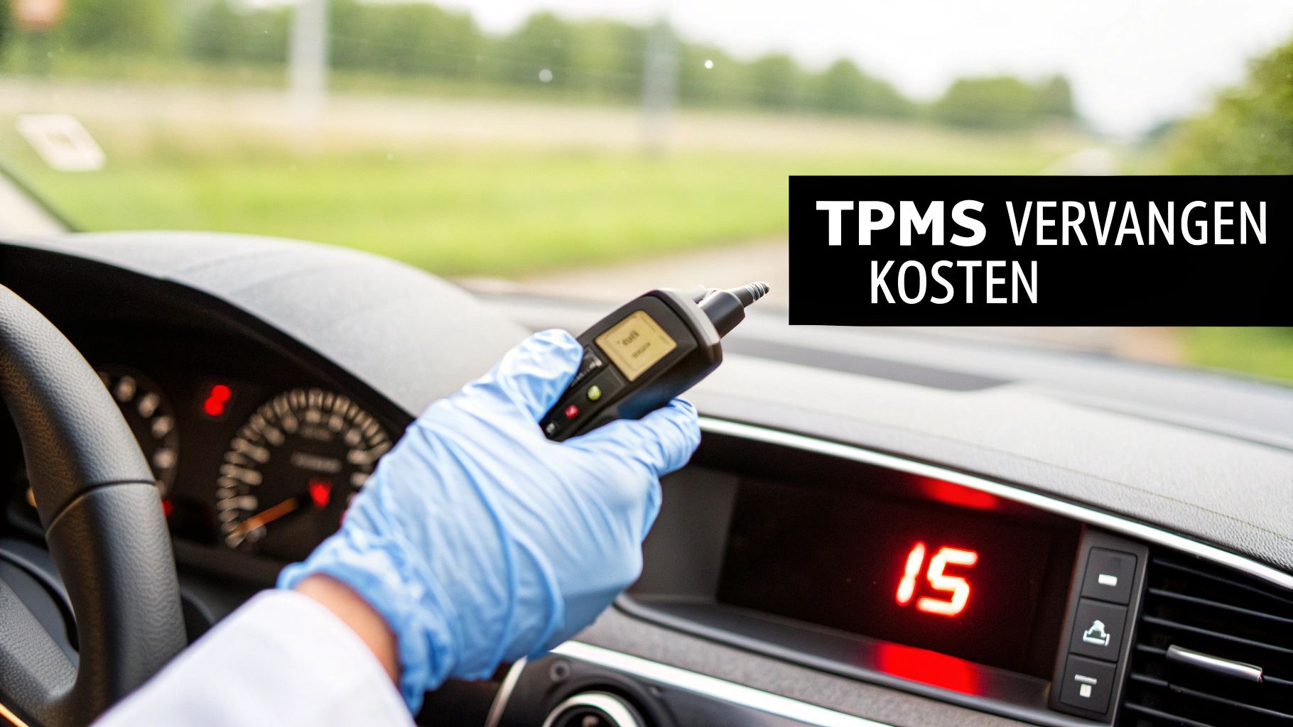 Tpms sensor vervangen kosten: wat betaal je en waarom het loont 2 Een persoon in een auto die een TPMS-diagnoseapparaat vasthoudt, met de tekst 'TPMS VERVANGEN KOSTEN'.