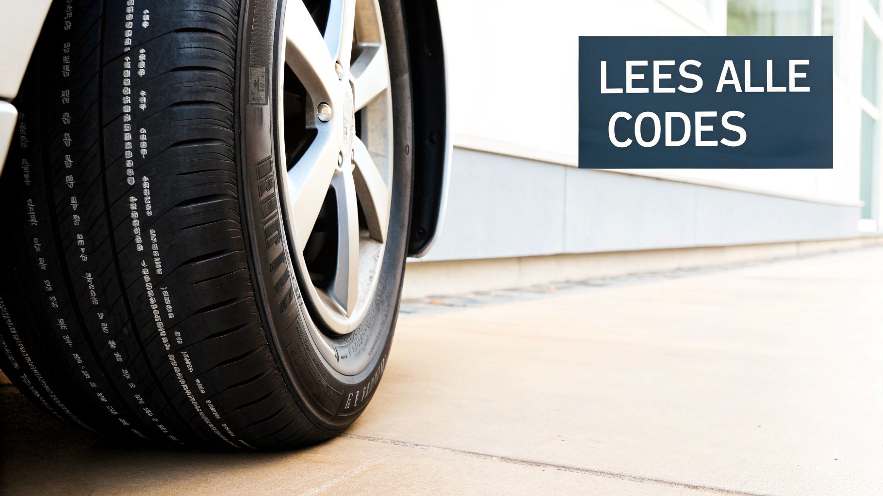 Close-up van autoband met wiel en tekst 'Lees alle codes' om DOT codes te ontcijferen