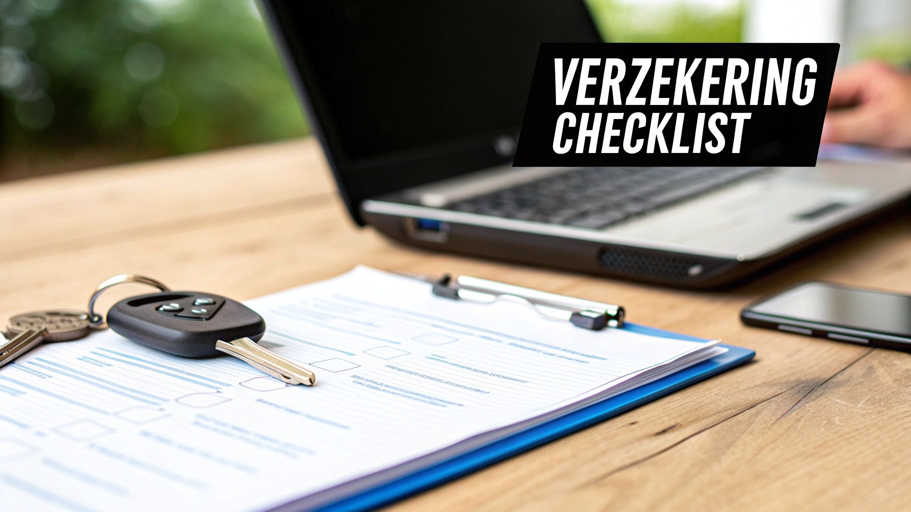 Autosleutel en verzekeringschecklist op een houten bureau met laptop en telefoon.