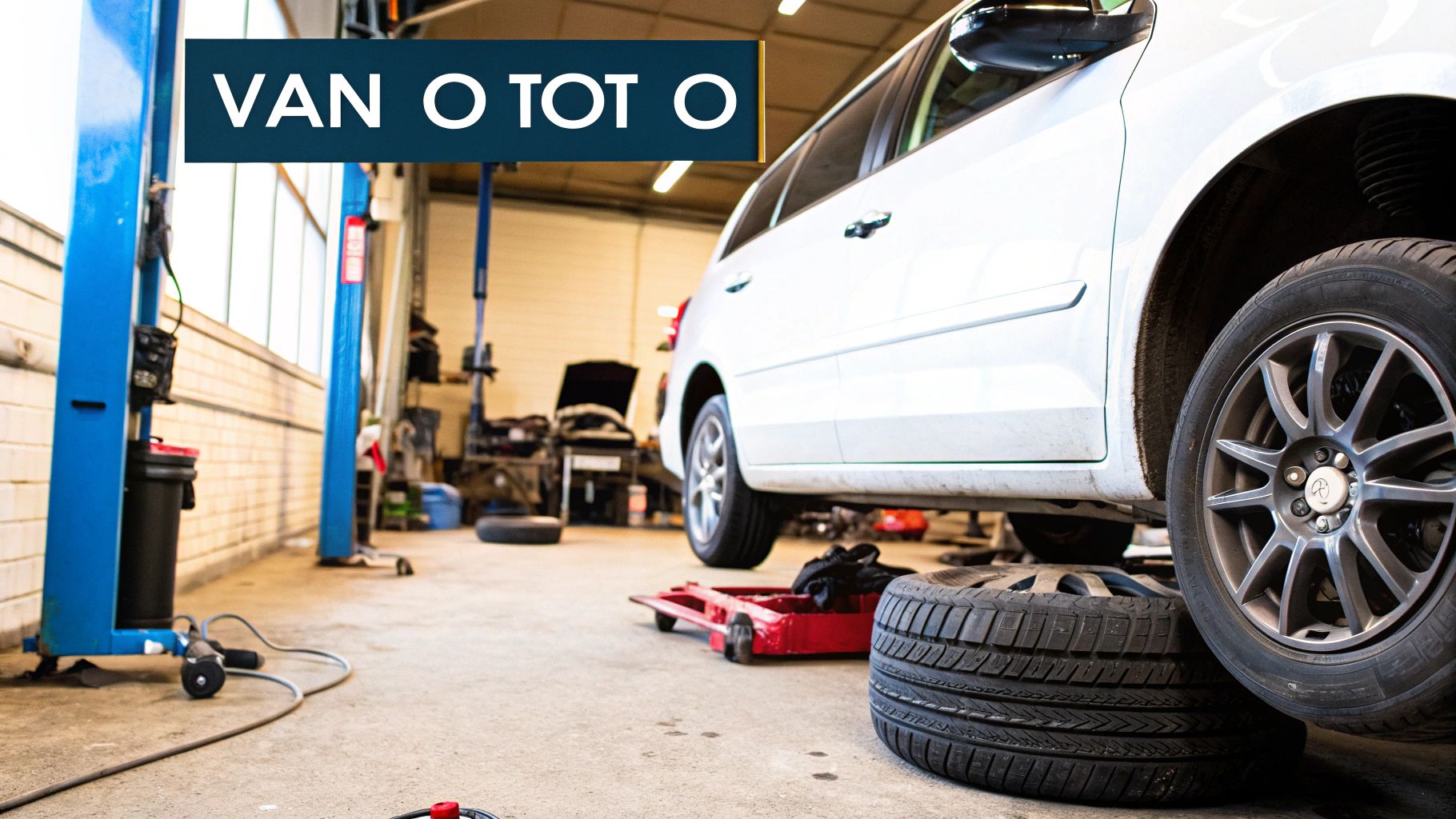 Een monteur bezig met het monteren van een winterband op een auto