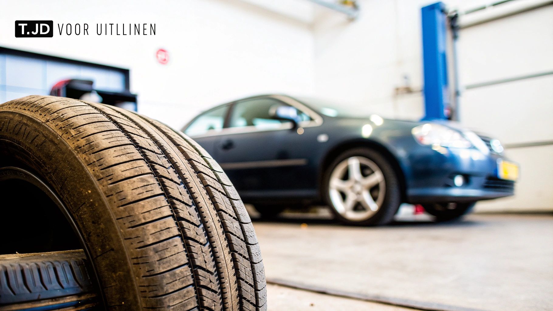 Gebruikte autobanden in een professionele garage met blauwe auto op de achtergrond voor uitlijnen