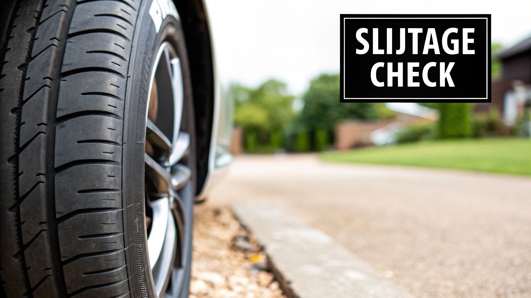 Iemand die de profieldiepte van een autoband meet met een schuifmaat