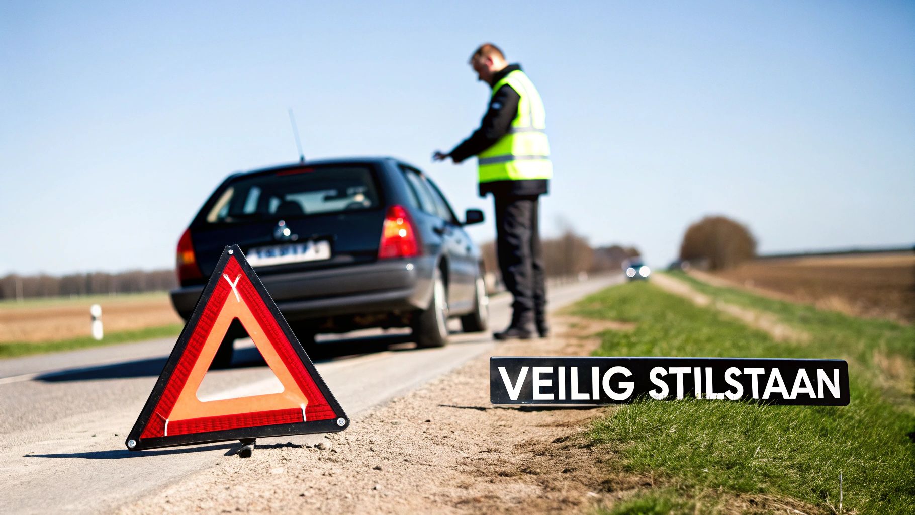 Lekke band auto repareren als een pro 2 Een auto met een lekke band veilig aan de kant van de weg.