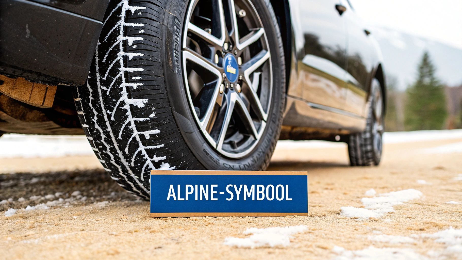 Close-up van het Alpine-symbool op een winterband