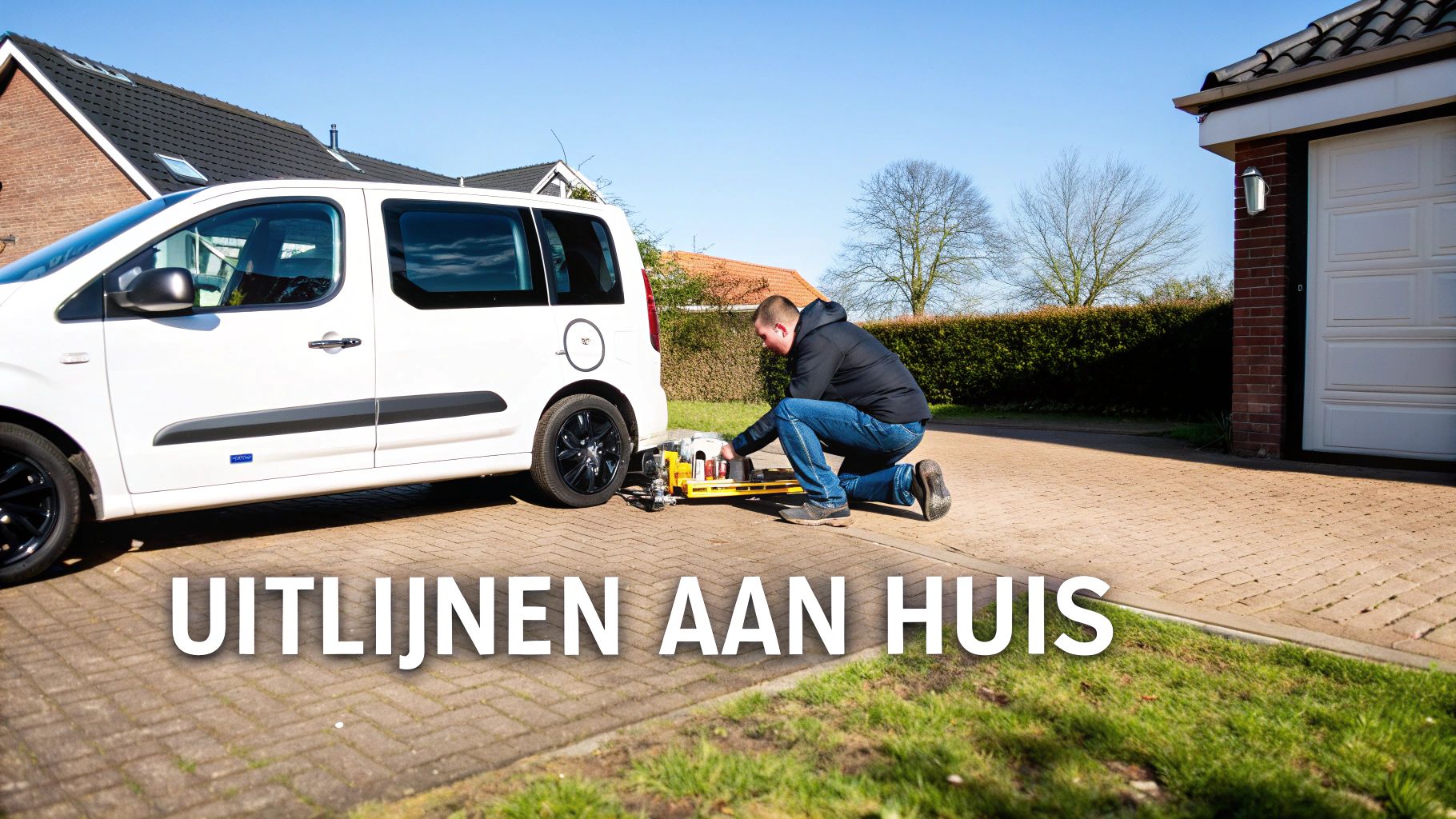 Monteur voert wieluitlijning uit bij witte bestelwagen op oprit voor woning