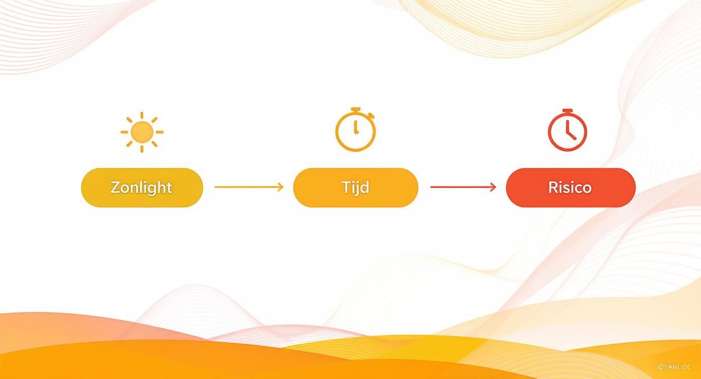 Diagram toont progressie van zonlicht naar tijd naar risico met pictogrammen en gekleurde knoppen