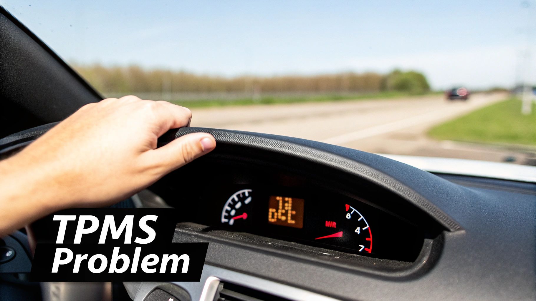 Bestuurder ziet TPMS waarschuwingslampje op dashboard tijdens het rijden op de snelweg