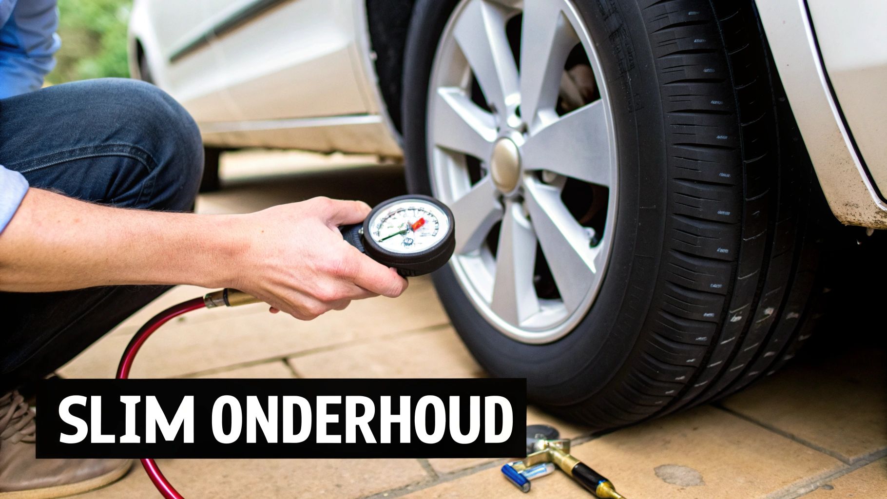 Een persoon controleert de bandenspanning van een auto met een meter en slang, onderdeel van slim onderhoud.