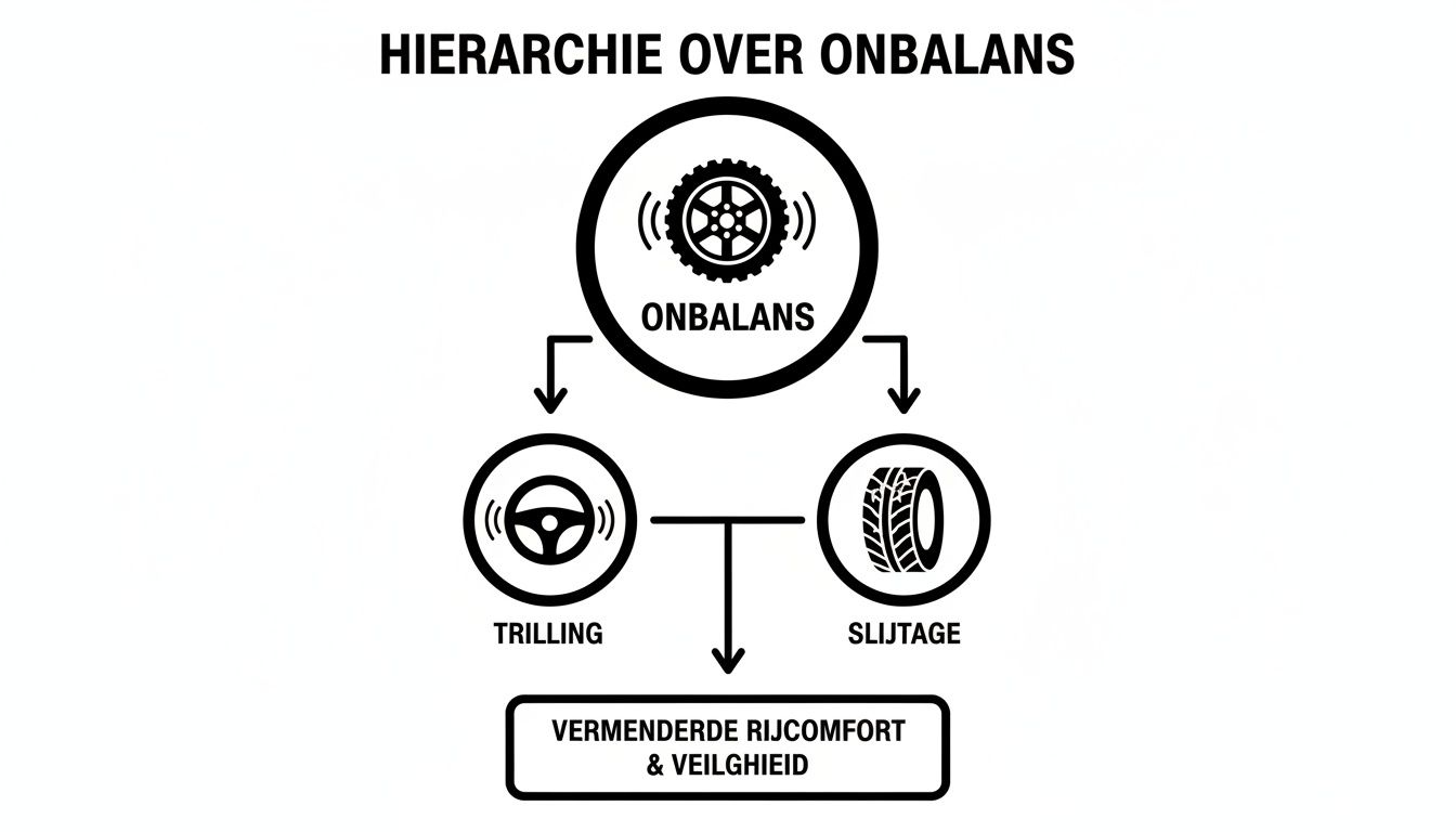 Hierarchiediagram toont hoe onbalans leidt tot trillingen, slijtage, verminderd rijcomfort en veiligheid.