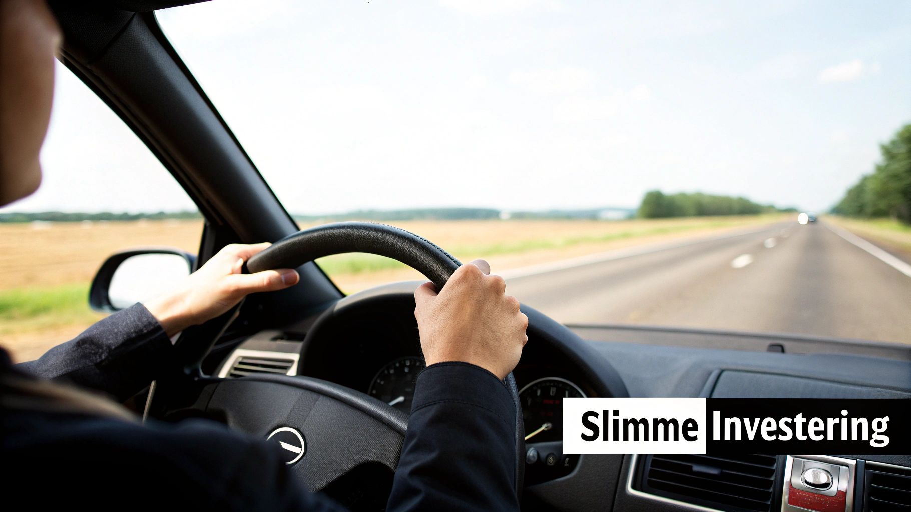 Persoon rijdt auto op rechte weg door landelijk gebied met handen op stuurwiel