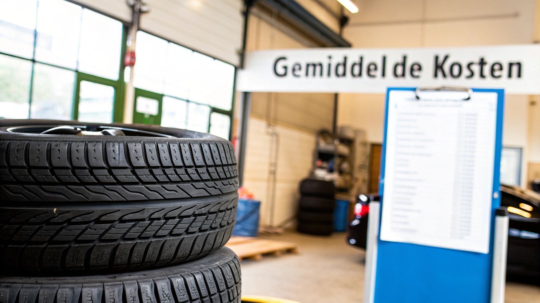Stapel nieuwe autobanden in een autowerkplaats met gemiddelde kosten bord op de achtergrond