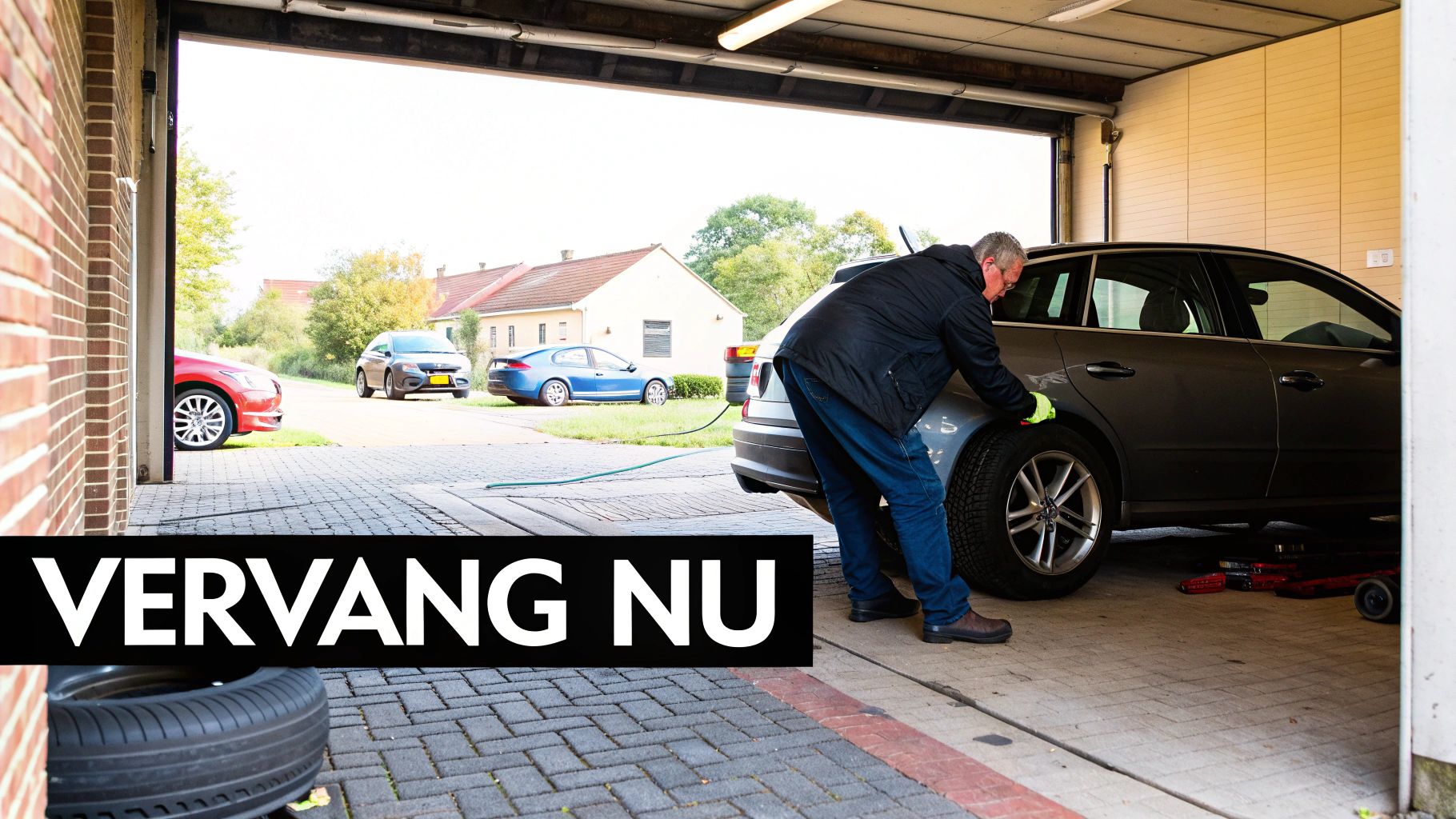 Een monteur die de bandenspanning van een auto controleert