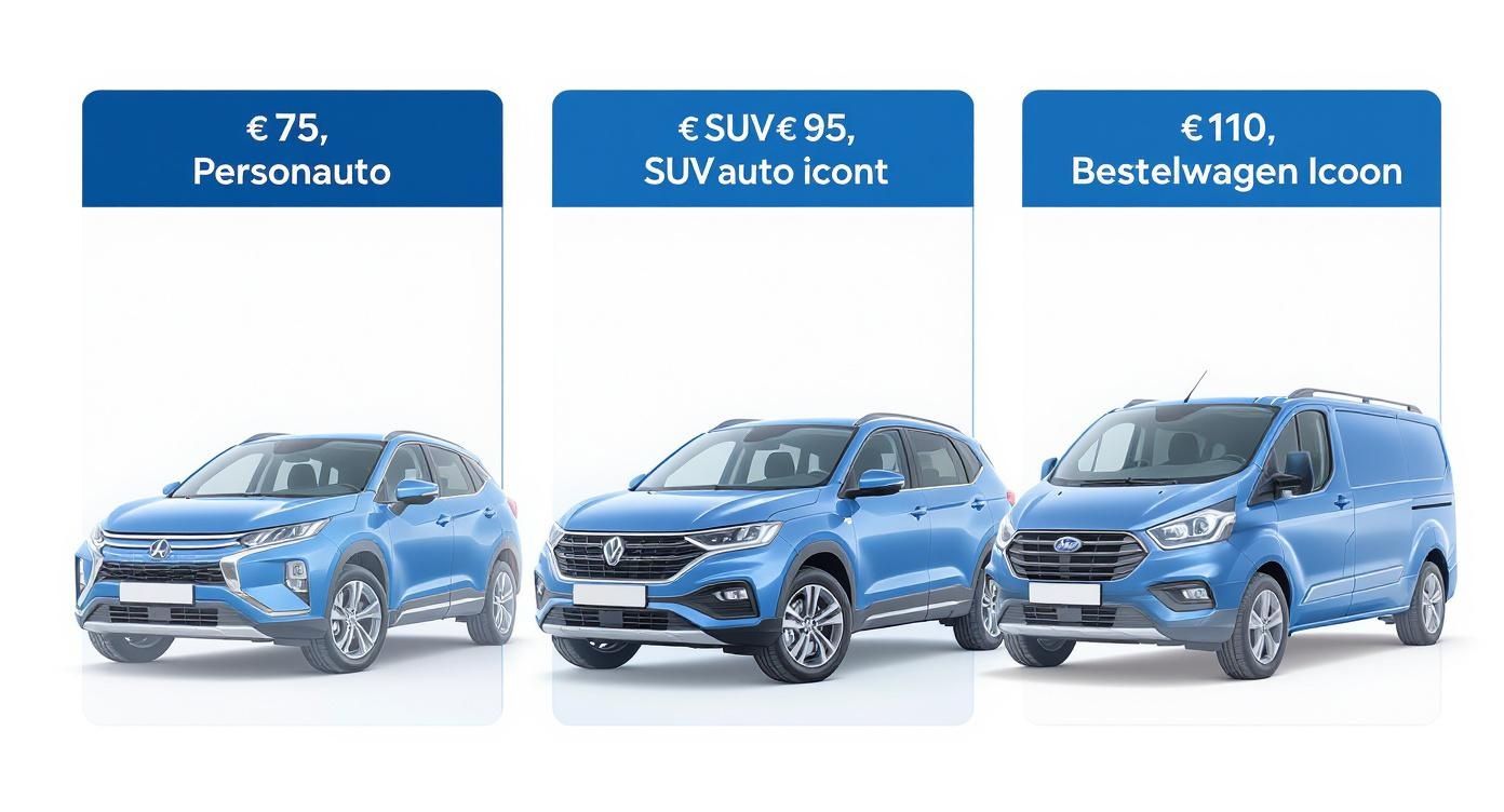 Drie blauwe voertuigcategorieën met prijzen voor uitlijning: personenauto 75 euro, SUV 95 euro, bestelwagen 110 euro