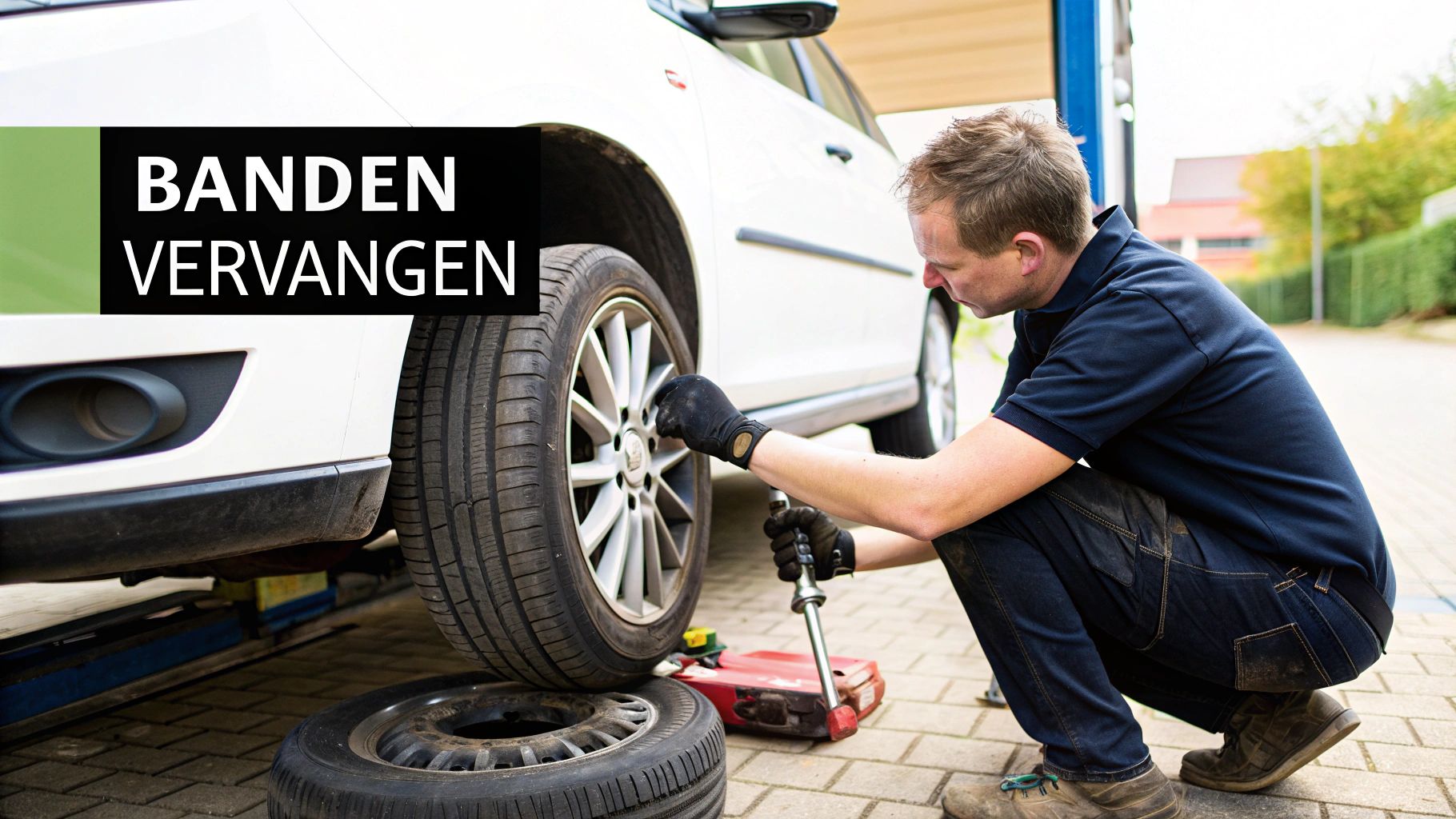 Een bandenspoor op een asfaltweg dat leidt naar een groen, bebost landschap