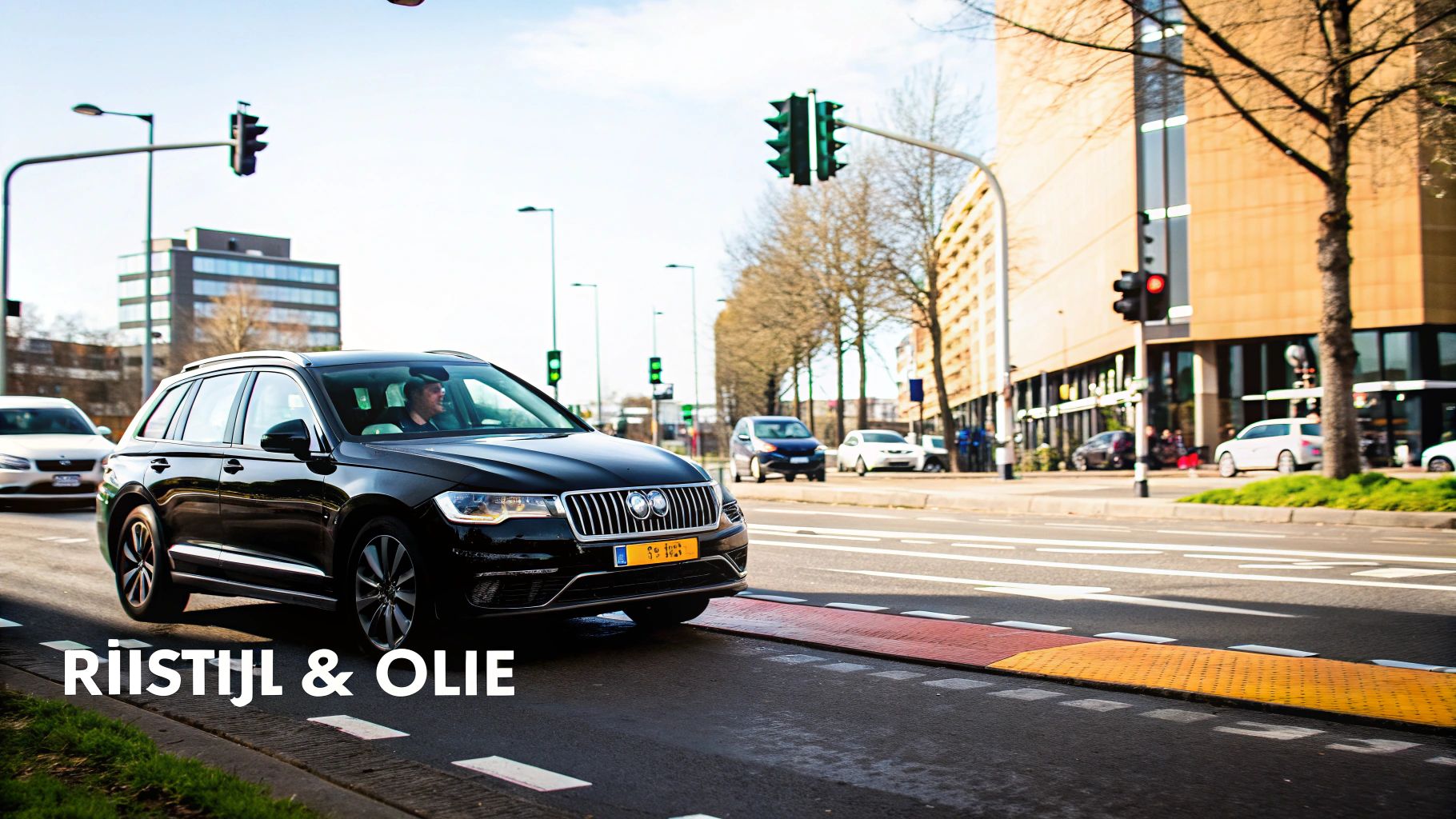 Een auto rijdt door druk stadsverkeer, wat zwaar is voor de motorolie.