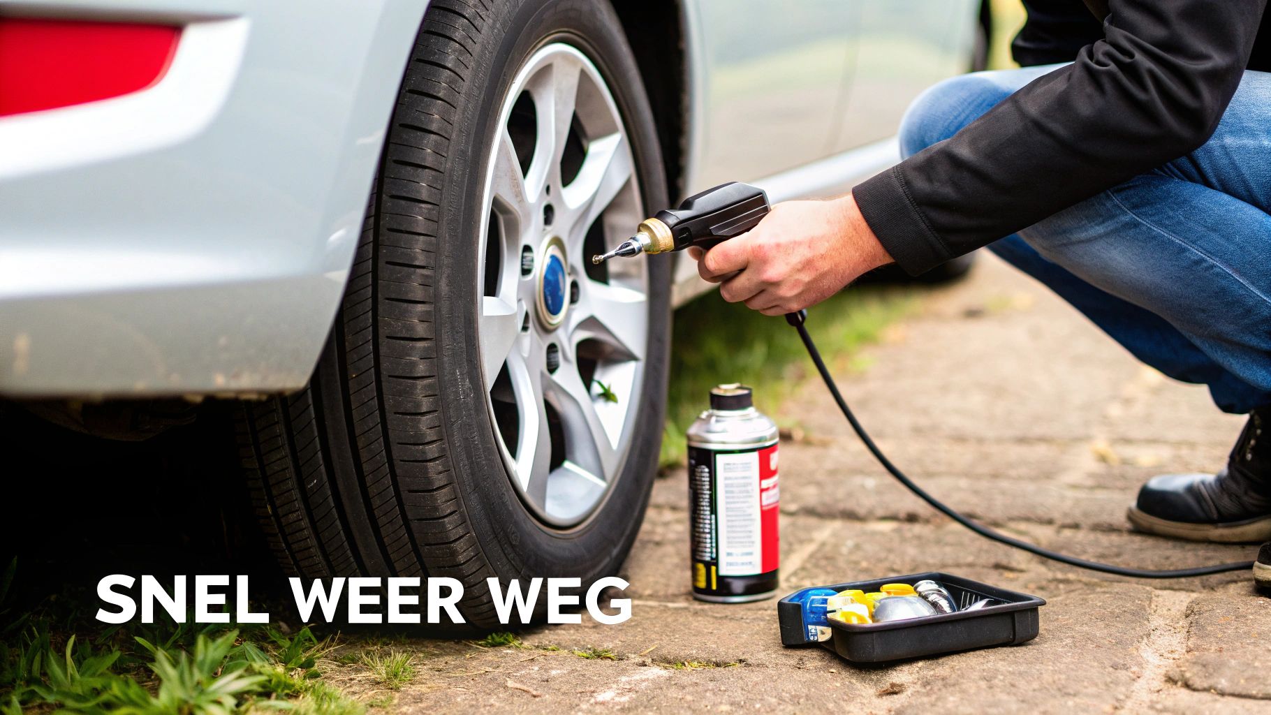 Een bestuurder gebruikt een bandenreparatiekit naast zijn auto