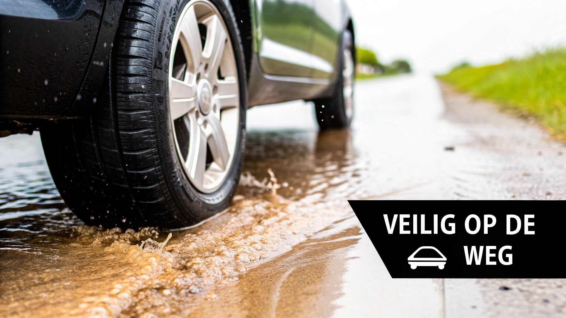 Een auto rijdt op een natte weg, wat het belang van goede banden benadrukt
